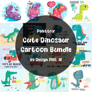 59 Cute Dinosaur Cartoon Bundle Images, Cute Dino, Cute Dino Art, AI and PNG, Shirt/Mugs/Stickers Printing, Free Guide to Export Svg, Eps