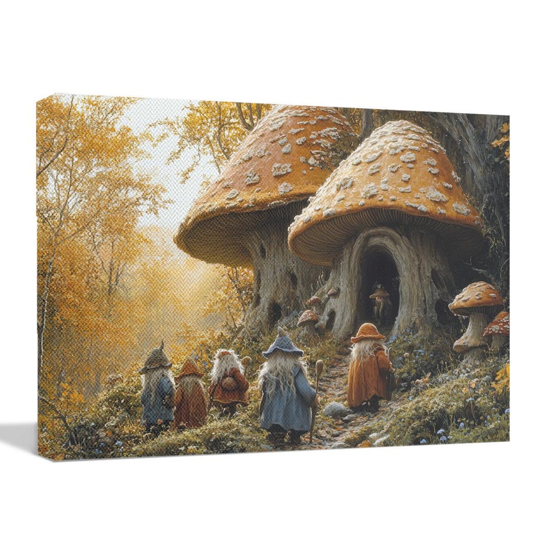 Whimsical Forest Gnome Wall Art, Magical Mushroom Village Canvas ...