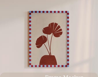 Red Blue Checkered Frame Mockup, Retro Wall Art PSD (Digital Template)