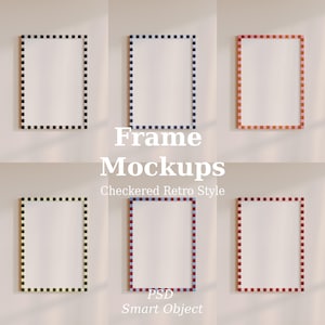 Checkered Frame Mockup Bundle, Retro Wall Art PSD, Colorful Hanging Poster Mockup (Smart Object)