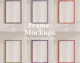 Checkered Frame Mockup Bundle, Retro Wall Art PSD, Colorful Hanging Poster Mockup (Smart Object)