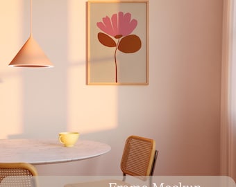 Frame Mockup PSD, 4 Customizable Finishes – Warm Morning Light, Scandinavian Dining room Poster Display
