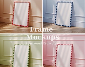 Checkered Frame Mockup Bundle, Retro Fun Poster Mockup, Colorful Wall Art Display, Smart Object, PSD, Digital Download