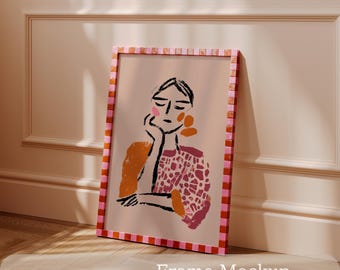 Pink Retro Frame Mockup PSD, Bold Checkered Wall Art / Poster Display, Retro Colourful Interior, Smart Object, Digital Download