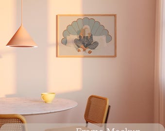 Horizontal Frame Mockup, Golden Hour Light, Dining Room Art Display (PSD Smart Object)