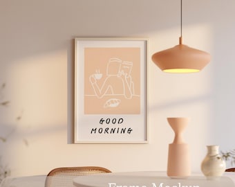 Frame Mockup PSD, Poster and Wall Art Display, Warm Dining Room Scene, PSD Smart Object