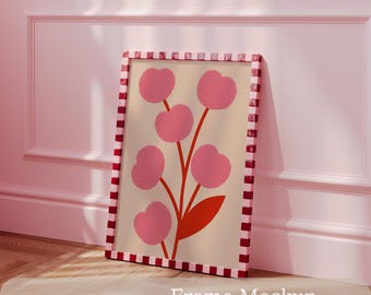 Checkered Tile Frame Mockup PSD,  Red and Pink Wall Art / Poster Display, Retro Colourful Interior, Smart Object, Digital Download