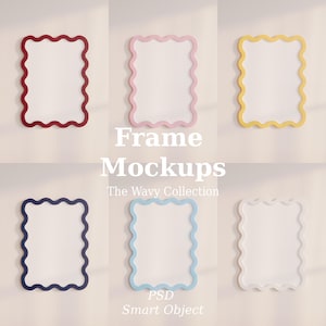 May include: Six rectangular picture frames with wavy, scalloped edges arranged in a grid. The frames are colored dark red, light pink, yellow, dark blue, light blue, and white. Text in the center reads Frame Mockups The Wavy Collection PSD Smart Object.