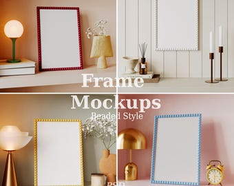Beaded Frame Mockup Bundle, Studded Frame PSD, Scalloped Poster Display, Cozy Colorful Styled Mockup, Portrait Frame, Smart Object Set