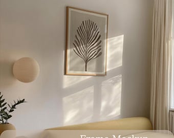 Wood Frame Mockup, Warm Japandi Poster and Wall Art Display, Glass Reflection, PSD Smart Object