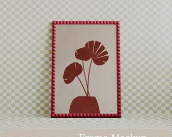 Beaded Red Frame Mockup PSD , Scalloped Vintage Wall Art / Poster Display, Retro Sage Checkerboard Background, Digital Download