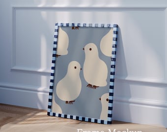 Checkered Frame Mockup PSD,  Blue Fun Wall Art / Poster Display, Retro Colourful Interior, Smart Object, Digital Download