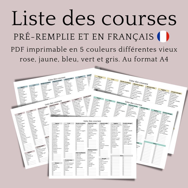 Liste des courses pré-remplie au format A4 imprimable en français