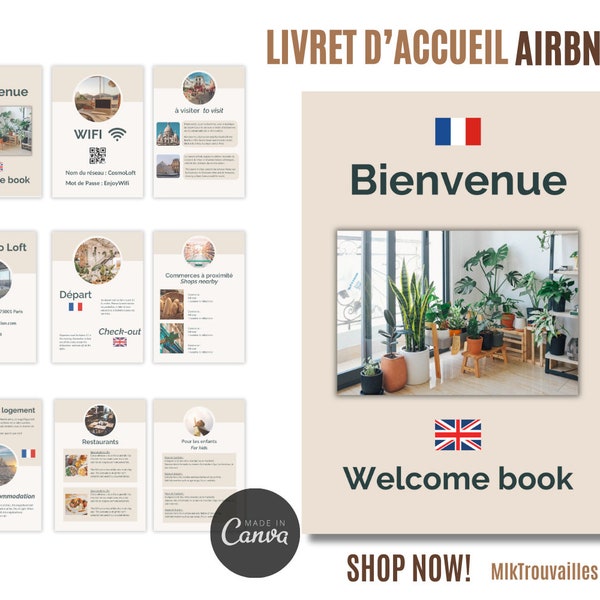 Livret d'accueil AIRBNB français anglais, bilingue, affiche de bienvenue, location maison saisonnière, manuel, chambre d'hôte, gîte,hôtel