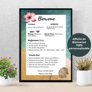 Airbnb Affiche de Bienvenue Thème Plage, Template Canva , Airbnb welcome sign French and English, Airbnb Canva, Airbnb bienvenue thème plage
