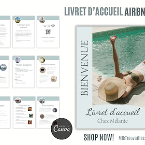 Livret d'accueil AIRBNB en Français, affiche de bienvenue, location maison saisonnière, manuel, chambre d'hôte, gîte,hôtel, Thème plage.