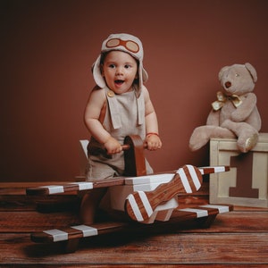 Aviator pilot smash the cake props newborn baby boy romper overall linen photography handmade sew 1st birthday party