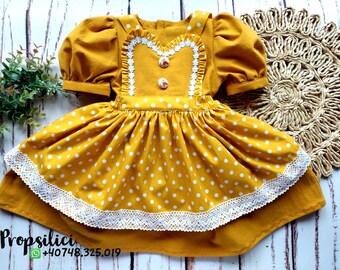 Dress whit pinafore apron girl baby girl smash the cake yellow cotton size 1-12 years