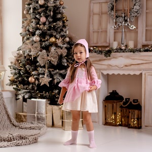 Linen dress whit bonnet Christmas dress girl baby girl dress Xmas linen newborn-10 years image 4