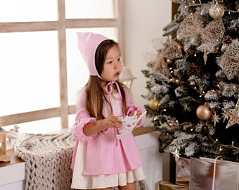 Linen dress whit bonnet Christmas dress girl baby girl dress Xmas linen newborn-10 years
