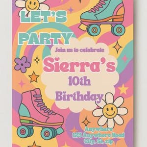 Retro Roller Skate Birthday Invitation | Editable 5x7 Digital Download | Colorful 70s Groovy Party Invite
