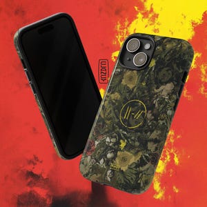 May include: A green, black, and yellow phone case with a floral pattern and the band name "twenty one pilots" in a circle. The case is designed for an iPhone.