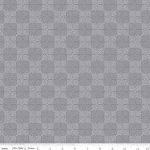 May include: A repeating pattern of gray squares, each containing a smaller square with a spiral design. The pattern is a geometric design with a modern aesthetic. The image includes the text "Riley Blake 2 Designs".