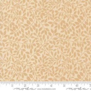 May include: A fabric with a repeating pattern of tan leaves and vines on a cream background. The leaves are detailed with visible veins, and the vines create a dense, interwoven design. The fabric has a subtle texture and a natural, organic feel.