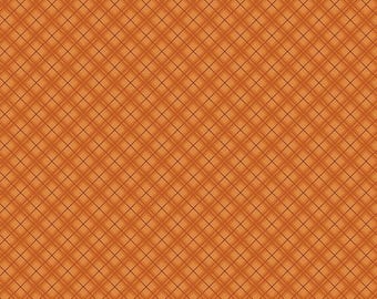 May include: A fabric swatch featuring a repeating diagonal plaid pattern in shades of orange and brown. The design consists of intersecting thin dark brown lines forming a grid over a solid orange background. A 12-inch ruler is visible at the bottom.