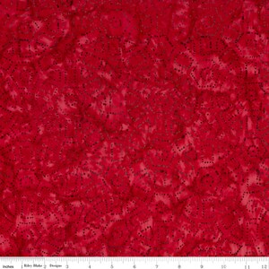 May include: Red fabric with a white and gray pattern of small hearts. The fabric has a subtle tie-dye effect.