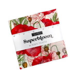 May include: A red and white fabric with a floral pattern of red poppies. The fabric is labeled "Superbloom by Robin Pickens".