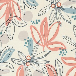 May include: A white background with a repeating pattern of pink and blue stylized leaves. The leaves are outlined in black and have a watercolor effect.