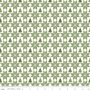 May include: A seamless pattern featuring a repeating design of green stylized Christmas trees and white starbursts on a white background.