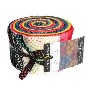 May include: A Moda Fabrics Echo Dotty pre-cut fabric roll with a rainbow of colors and white polka dots. The roll is tied with a black and white polka dot ribbon. The Moda Fabrics label is visible.