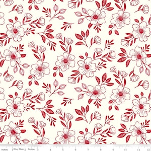 May include: Cream-colored fabric with a repeating pattern of red floral outlines. The design features detailed flowers, leaves, and buds, creating a delicate and botanical aesthetic. The fabric is suitable for various craft projects.