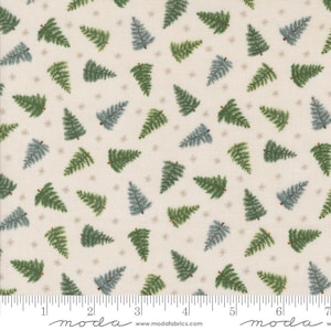 May include: Off-white fabric with a repeating pattern of green and blue-green Christmas trees and small gray snowflakes. The trees vary in size and are scattered across the surface. The fabric has a ruler along the bottom edge.