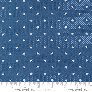May include: Blue fabric with a white star pattern. The fabric is a solid blue color with small white stars scattered across the surface. The stars are evenly spaced and create a subtle, yet eye-catching design.