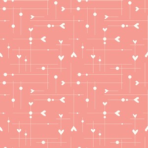May include: A seamless pattern with white hearts, circles, and arrows on a pink background.