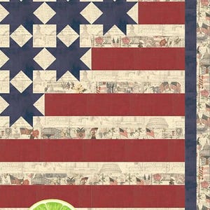 May include: A patriotic quilt featuring the American flag design with red and white stripes and blue stars. The quilt measures 60.5 inches by 60.5 inches. The design includes the text "Two-Hundred Fifty" and "DLL 262".