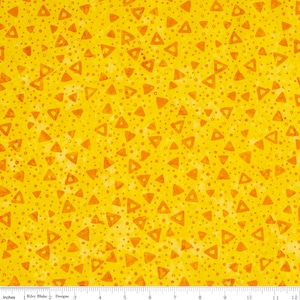 May include: Yellow fabric with a repeating pattern of orange triangles and small orange circles.
