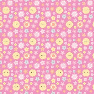 May include: A seamless pattern featuring a pink background with yellow smiling suns and pink, orange, and gray flowers.