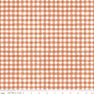 May include: A fabric with a repeating gingham pattern in shades of orange and white. The design features a watercolor effect, with slightly irregular lines creating a hand-painted look. The fabric is measured in inches.