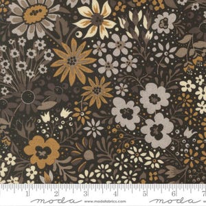 May include: A fabric with a dark brown background featuring a floral pattern. The design includes various flowers in shades of gold, cream, and gray, along with leaves and small berries. The fabric has a ruler along the bottom with the word "moda" printed on it.