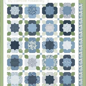 May include: A quilt pattern titled "thimble blossoms" by Camille Roskelley. The quilt design features a repeating floral pattern in shades of blue, green, and white. The words "FLOWER GIRL" are also visible.