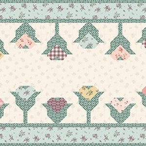 May include: A floral quilt with a light cream background and a border of small blue flowers. The quilt features rows of stylized tulip and basket designs in various pastel colors, including pink, yellow, and blue. The overall design is symmetrical and evokes a vintage aesthetic.