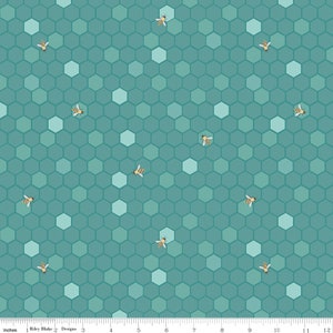May include: Teal blue background with a repeating pattern of hexagons and yellow bees. The hexagons are in various shades of blue and green.