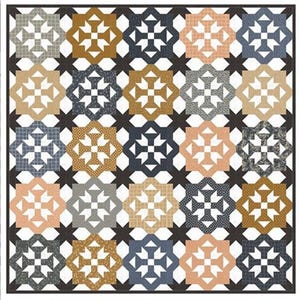 May include: A quilt pattern titled "Navigating the Stars" by Melissa Corry. The quilt design features a repeating pattern of geometric shapes in various colors, including gray, tan, navy, and peach. The text "fat quarter friendly in 6 sizes" is also visible.