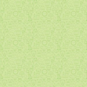 May include: A green background with a repeating pattern of various baby-themed icons, including animals, toys, and transportation. The icons are outlined in white.