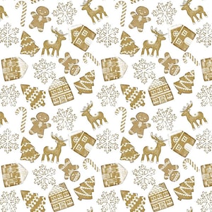 May include: A seamless pattern featuring gingerbread cookies in various shapes, including houses, reindeer, candy canes, and snowflakes. The cookies are all in a light brown color and are set against a white background.