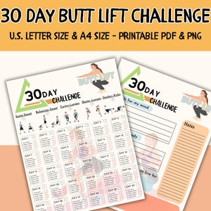 Op de afbeelding: Een printbare 30-daagse billen-lift challenge workout-kaart met illustraties van verschillende oefeningen. De kaart bevat oefeningen zoals sumo squats, bulgaarse squats, curtsy lunges, skater lunges en donkey kicks. De kaart is ontworpen voor US Letter en A4-formaat papier.